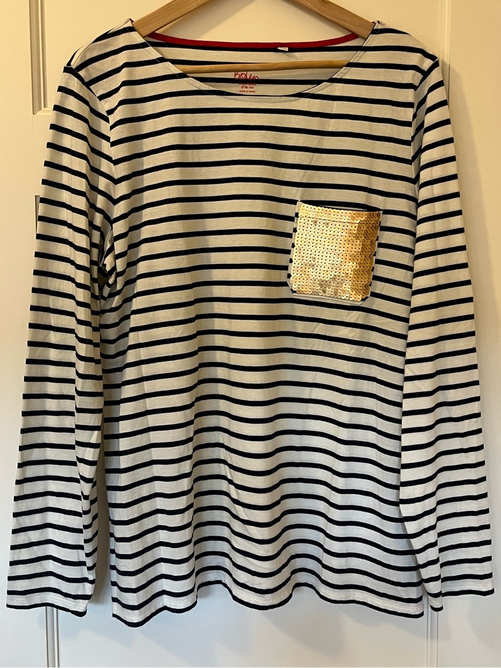 Boden Sequin Pocket Breton Top • US 14 • Navy Stripe • 100% Cotton